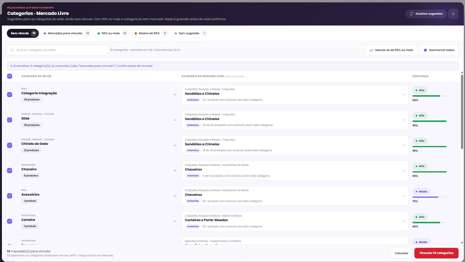 Relacionar categorias automaticamente: a IA sugere a categoria do Mercado Livre para cada categoria do seller, com nível de confiança